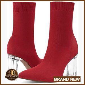 Knit Sock Ankle Boots Pointed Toe Clear Mid Heel Slip-On Stretch Booties